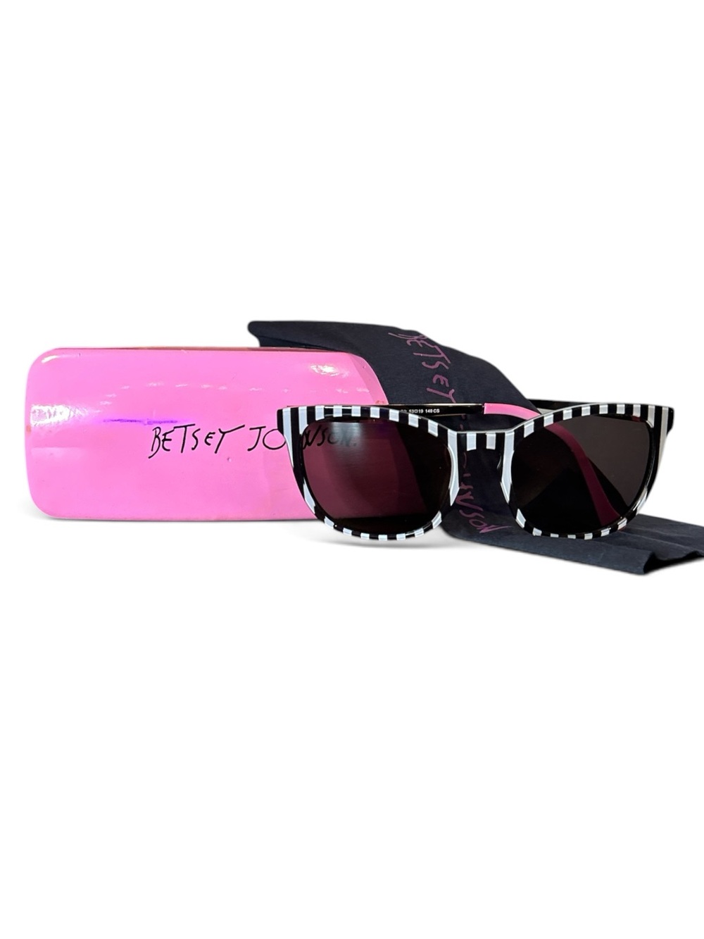 Betsey Johnson Black & White Stripe Sunglasses with Pink Case & cleaning cloth